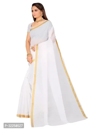 Stylish White Cotton Silk Solid Saree with Blouse piece For Women-thumb0