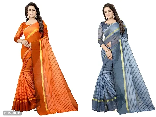 Women  Cotton Silk Striped Daily Wear Saree With Blouse-thumb0