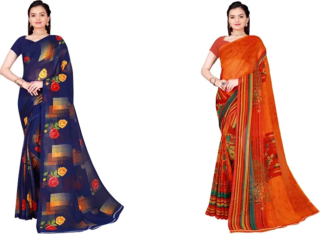 Elegant Floral Print Daily Wear Georgette Women Saree With Blouse Piece -Pack Of 2