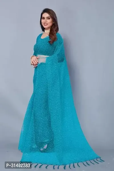 Stylish Blue Net Saree with Blouse piece For Women-thumb2