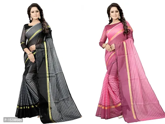 Women  Cotton Silk Striped Daily Wear Saree With Blouse-thumb0