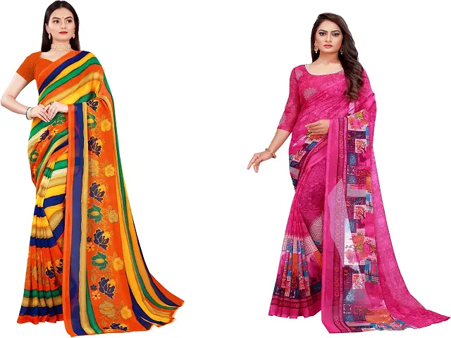 Elegant Daily Wear Georgette Women Saree With Blouse Piece -Pack Of 2