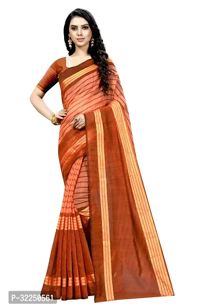 Stylish Orange Cotton Silk Striped Saree with Blouse piece For Women-thumb0