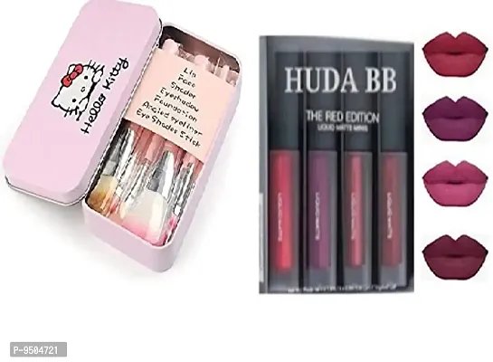 Liquid Matte Minis Lipstick Set of 4 Hello Kitty Foundation Brush -Pack of 7 Pink-thumb0
