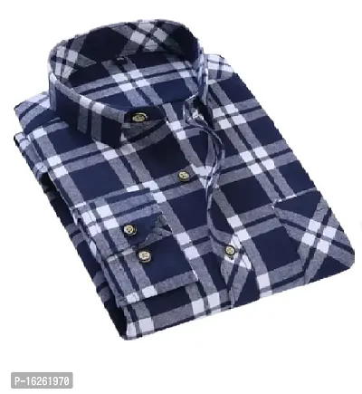 Navy Blue Cotton Blend Checked Casual Shirts For Men-thumb2