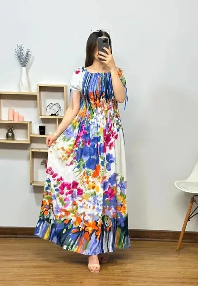 Womens Casual Rayon Short Sleeves Floral Fit Flare Long Maxi Dress For Girls