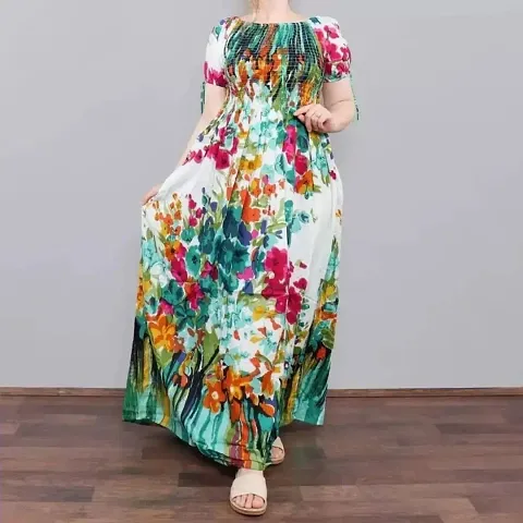 Womens Casual Rayon Short Sleeves Floral Fit Flare Long Maxi Dress For Girls