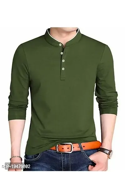 VeelDeal  Solid Blend Cotton  Mandarin Collar Men  Full Sleeve T-shirt Green (Olive)-thumb0