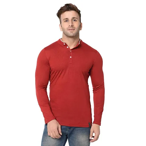 VeelDeal Solid Blend Mandarin Collar Men Full Sleeve T-shirt