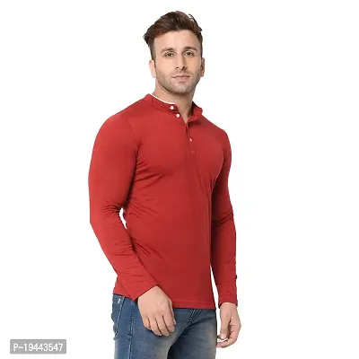 VeelDeal  Solid Blend Cotton  Mandarin Collar Men  Full Sleeve T-shirt Red-thumb5