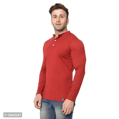 VeelDeal  Solid Blend Cotton  Mandarin Collar Men  Full Sleeve T-shirt Red-thumb4