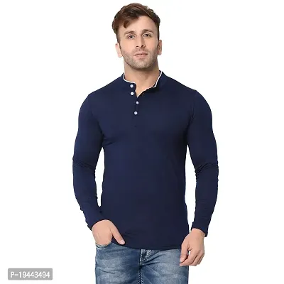 VeelDeal  Solid Blend Cotton  Mandarin Collar Men  Full Sleeve T-shirt Nevy Blue