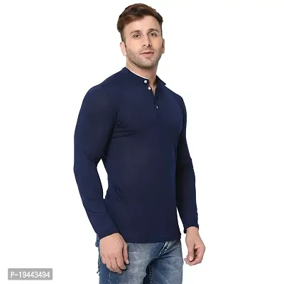 VeelDeal  Solid Blend Cotton  Mandarin Collar Men  Full Sleeve T-shirt Nevy Blue-thumb2