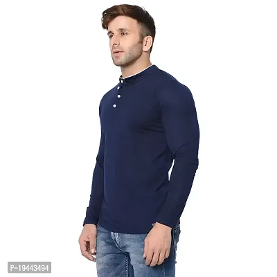 VeelDeal  Solid Blend Cotton  Mandarin Collar Men  Full Sleeve T-shirt Nevy Blue-thumb3