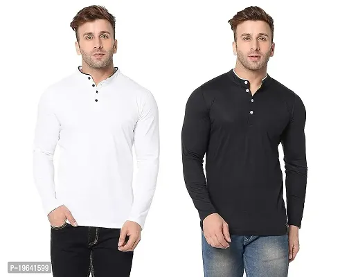 VeelDeal  Cotton Round Neck Full Sleeves Regular Fit Mandarin Collar Solid Casual T-Shirt for Men and Boys (Pack Of 2)