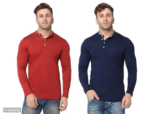 VeelDeal  Cotton Round Neck Full Sleeves Regular Fit Mandarin Collar Solid Casual T-Shirt for Men and Boys (Pack Of 2)-thumb0
