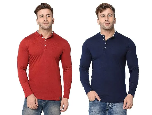 VeelDeal  Cotton Round Neck Full Sleeves Regular Fit Mandarin Collar Solid Casual T-Shirt for Men and Boys (Pack Of 2)
