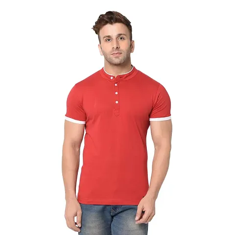 Trendy Solid Blend Mandarin Collar Half Sleeve T-shirt For Men