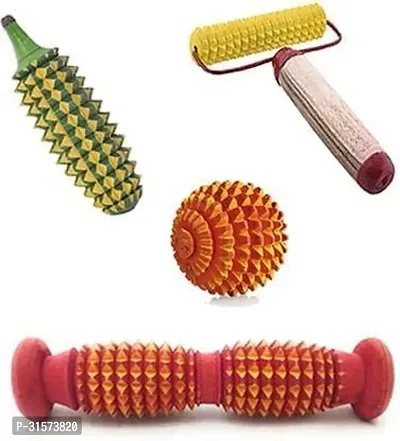 Acupressure Massager Tools Combo Kit With 1 Wooden Karela 1 Wooden Ball 1 Mini Hand Roller, and 1 Wooden Foot Roller