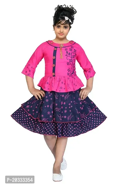 LINK KWALITY - Girls Rayon Blend Round Neck Printed Midi/Knee Length Festive/Party Dress (3/4 Sleeve) (1-2 Years, Pink)-thumb0