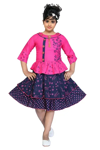 LINK KWALITY - Girls Rayon Blend Round Neck Printed Midi/Knee Length Festive/Party Dress (3/4 Sleeve)