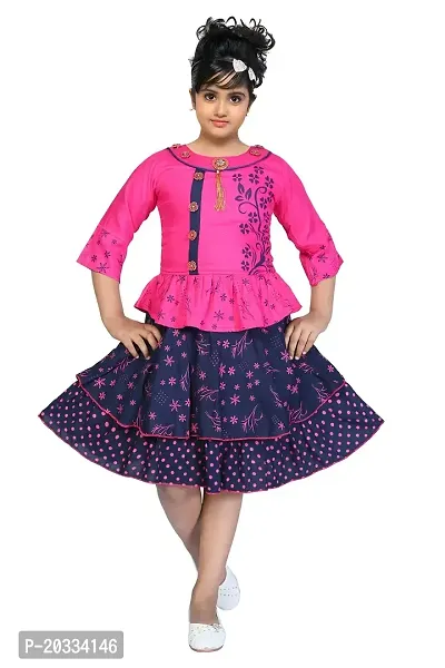 LINK KWALITY - Girls Rayon Blend Round Neck Printed Midi/Knee Length Festive/Party Dress (3/4 Sleeve) (2-3 Years, Pink)