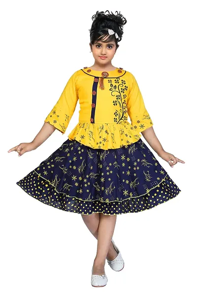 LINK KWALITY - Girls Rayon Blend Round Neck Midi/Knee Length Festive/Party Dress (3/4 Sleeve) (3-4 Years, Yellow)