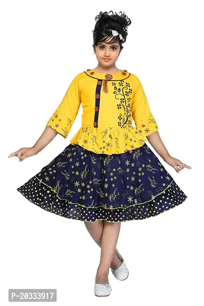 LINK KWALITY - Girls Rayon Blend Round Neck Printed Midi/Knee Length Festive/Party Dress (3/4 Sleeve)(9-12 Months, Yellow)