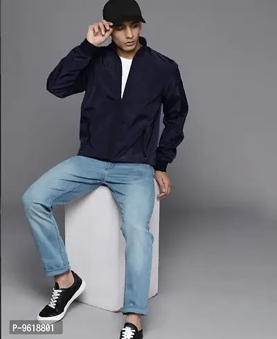 Trendy Fleece Navy Blue Solid Jacket For Men