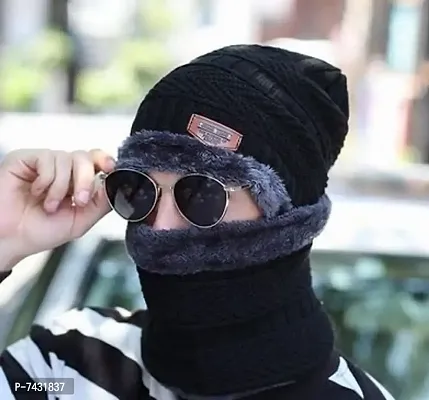 Elegant Black Woolen Solid Cap With Face Cover/ Balaclava Cap-thumb0