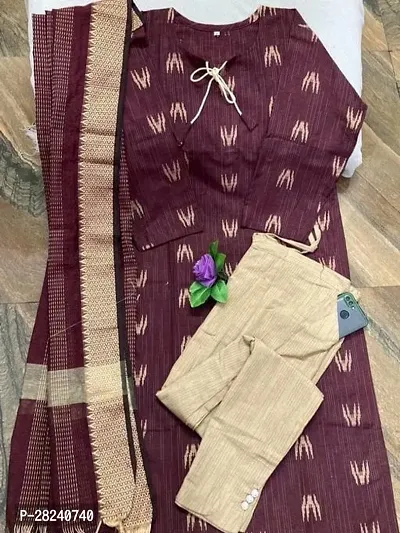 Stylish Cotton Kurta Bottom And Dupatta Set For Women-thumb0