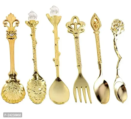 6Pcs Vintage Style Spoon  Forks Coffee Dessert Cutlery Spoons Set (Gold)-thumb0