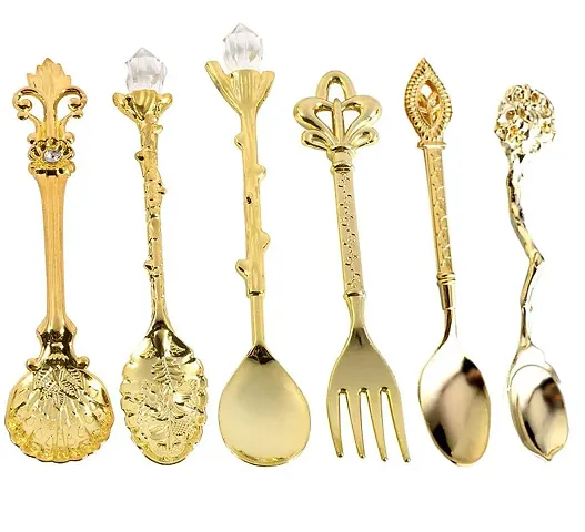 6Pcs Vintage Style Spoon  Forks Coffee Dessert Cutlery Spoons Set (Gold)