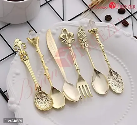 Brain Freezer 6pcs Vintage Spoons Fork Mini Royal Style Metal Gold Carved Coffee Snacks Fruit Prikkers Dessert Fork Kitchen Tool Teaspoon 1set Golden-thumb4