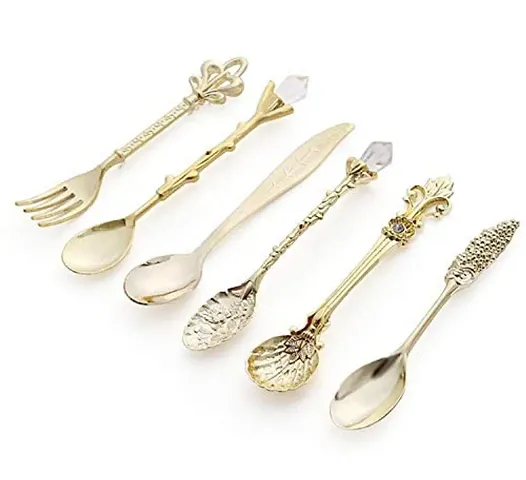 Brain Freezer 6pcs Vintage Spoons Fork Mini Royal Style Metal Gold Carved Coffee Snacks Fruit Prikkers Dessert Fork Kitchen Tool Teaspoon 1set Golden