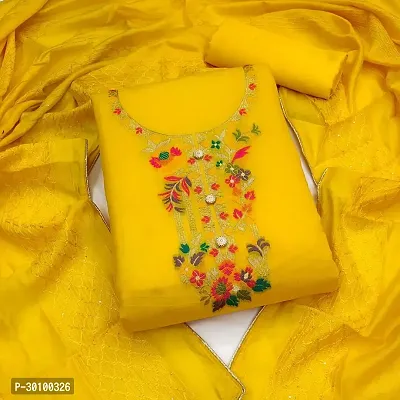 Elegant Yellow Cotton Embroidered Dress Material with Dupatta For Women-thumb0