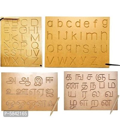 (VL) A to Z & Tamil Alphabet Wooden Tracing Board with Dummy Pencil for Kids Writing Learning (Brown)
