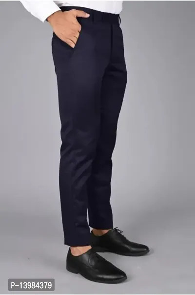 Navy Blue Polyester Blend Formal Trousers For Men-thumb2
