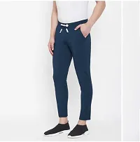 Men's Navy Blue Cotton Spandex Solid Slim Fit Track Pant-thumb3