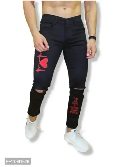 Star4well Men Black Printed Knee Cut Jeans-thumb3