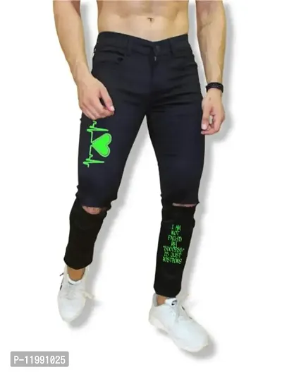 Star4well Men Black Printed Knee Cut Jeans-thumb2