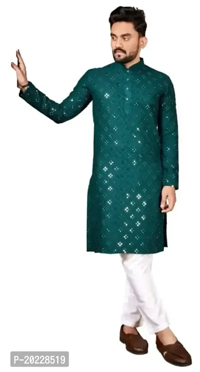 Reliable Green Cotton Embellished Kurta For Men-thumb4