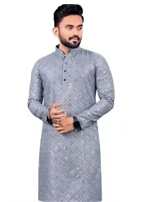 Reliable Grey Cotton Embellished Kurta For Men-thumb1