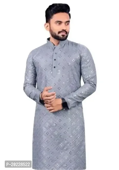 Reliable Grey Cotton Embellished Kurta For Men-thumb2