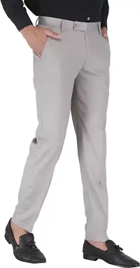 Stylish Grey Cotton Blend Solid Formal Trousers For Men-thumb2