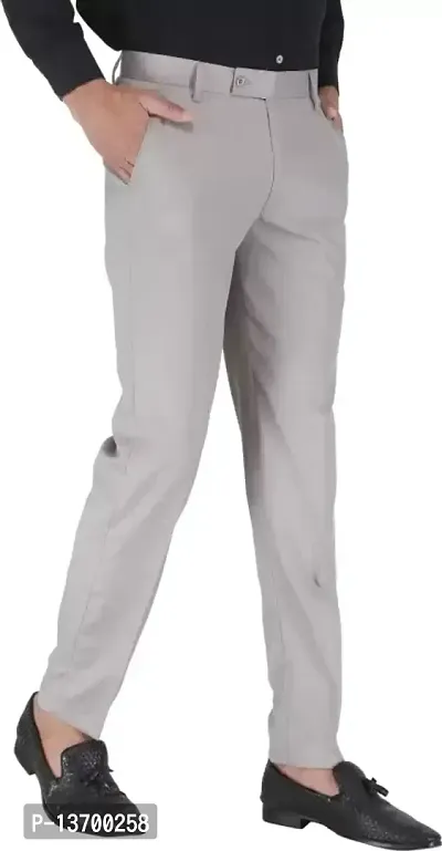 Stylish Grey Cotton Blend Solid Formal Trousers For Men-thumb3