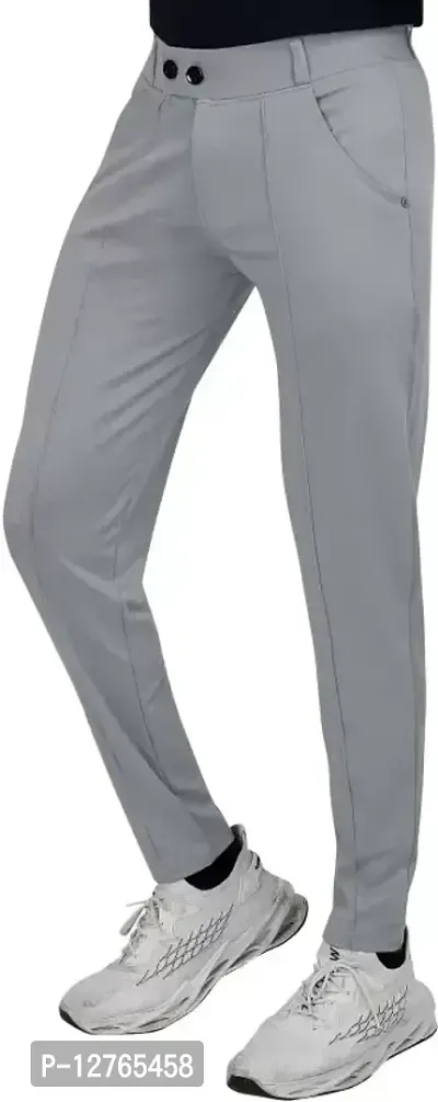 Grey Blended Mid Rise Casual Trousers For Men-thumb3