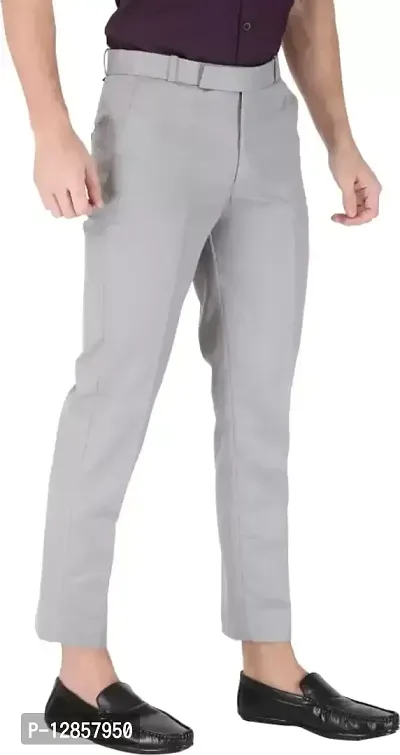 Grey Cotton Blend Mid Rise Formal Trousers For Men-thumb3