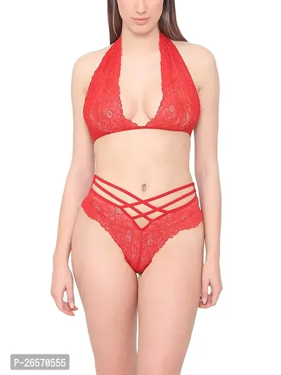 Bhakti SELECTION Red Women Neck Cross Style Lace Bra Panty Lingerie Set-thumb0