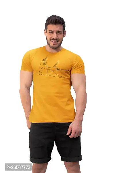 Bhakti SELECTION Flying Bird - (Yellow) Printed line Art Themed Based Cotton Half Sleeve Round Neck Tshirts for Men